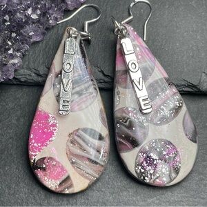 Handmade Clay Pink and Silver Teardrop 80s Inspired Love Earrings